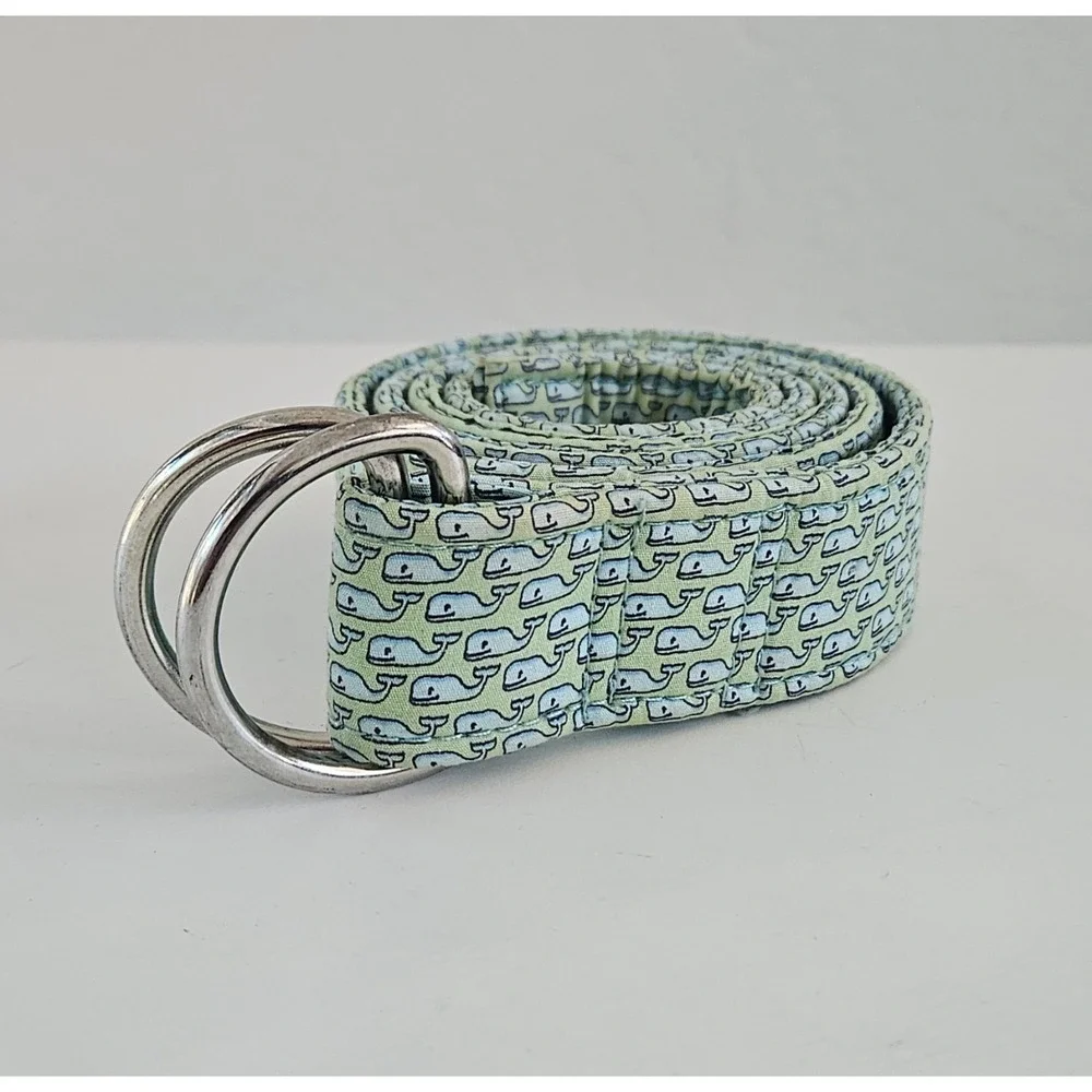 Vineyard Vines D Ring Belt Mens Lg Green Blue Whales Cotton Preppy Beach Golf